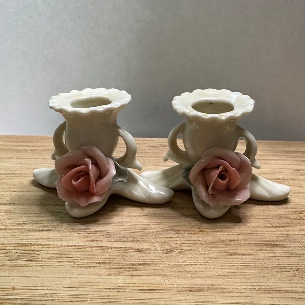 Vintage Karl Ens Volkstedt Kerzenhalter Porzellan Pink Rose Kerzenhalter Lot Von 2 Deutschland