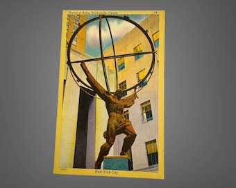Vintagevykort från 1940-talet, New York City, Rockefeller-staty av Atlas på linne, opostat. Nyskick.