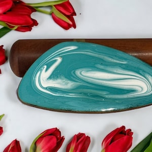 Vintage Marca Turquoise Blue With White Swirls Enamel on Copper Brooch Pin