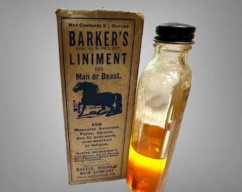 SELTENE, viertelvolle antike Barker's Liniment-Flasche mit Etikett und Apothekerbox in Box, Medizintier oder Mensch (Pferd), um 1890