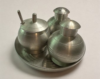 Royal Selangor Vintage Pewter Salt  Pepper Shaker Mustard Pot Spoon With Tray