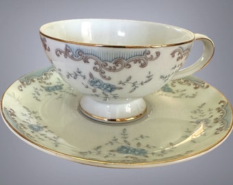 Vintage Teacup and Saucer by Imperial China by B Dalton in the Seville pattern Japan 1950s White with Blue Roses and Gold Trim