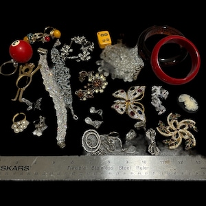 Vintage Jewelry Lot Bangles, Brooches, Earrings, Rings Bakelite Plastic, Rhinestones  Resale. Lot1
