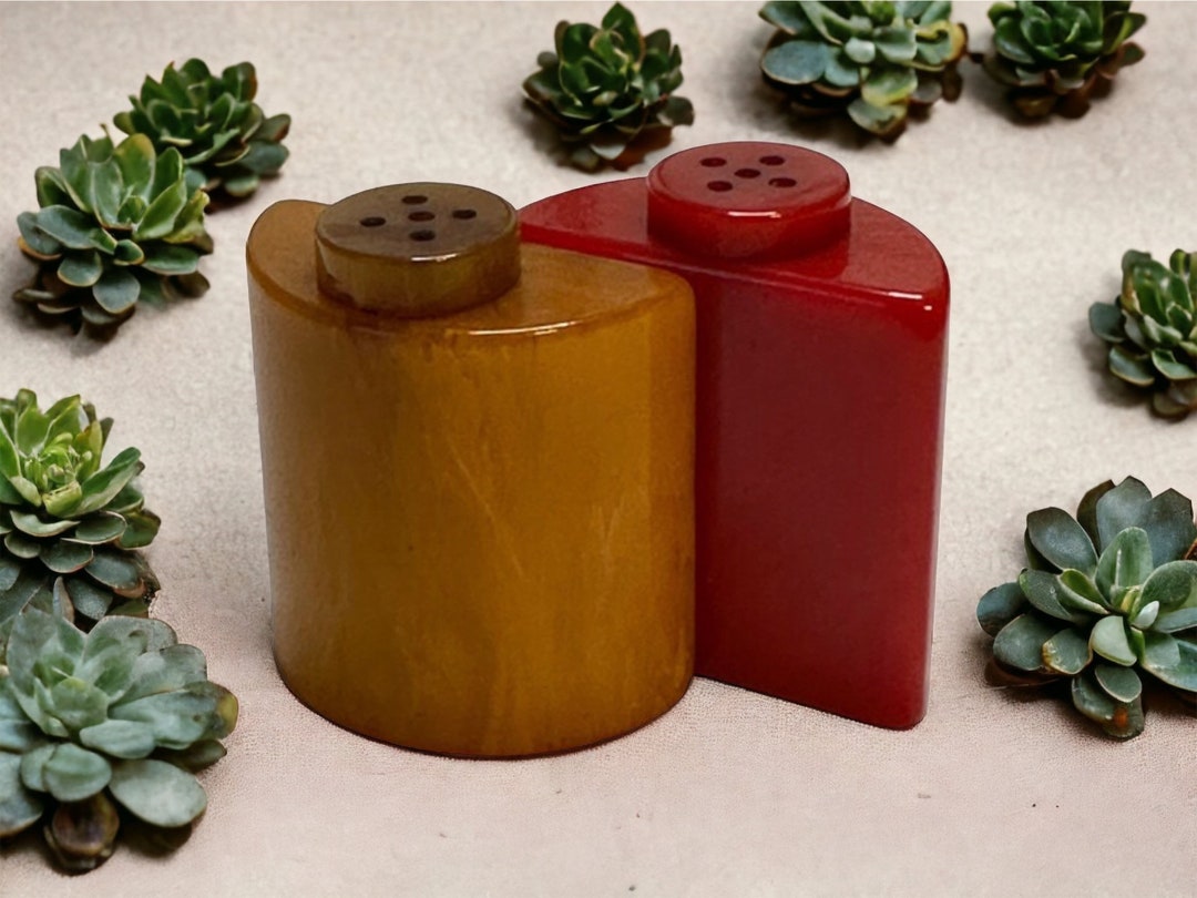 Vintage BAKELITE Salt & Pepper Shakers ART DECO Marbled Yellow and Red Etsy