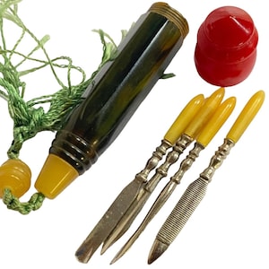Vintage Green and Red Bakelite Manicure Travel Kit