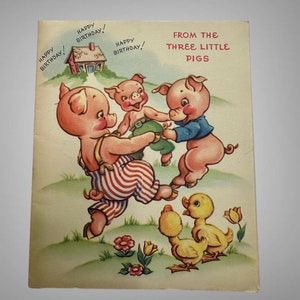 Vintage verjaardagskaart met drie biggetjes uit de jaren 40 met insteekvak