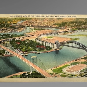 Postal vintage de la década de 1940 Vista del avión de la ciudad de Nueva York de los puentes Triborough y Hell Gate #132