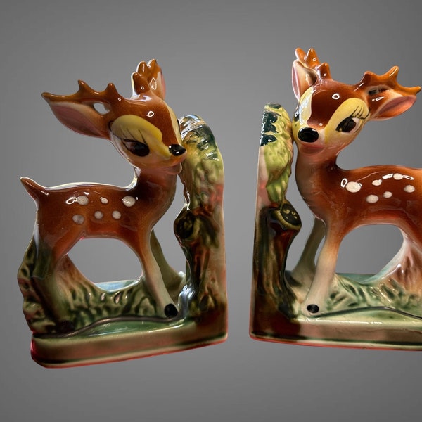 Vintage MINT CONDITION Japan Glazed Hand Painted Ceramic Bambi Style Baby Deer Fawns Children’s Bookends
