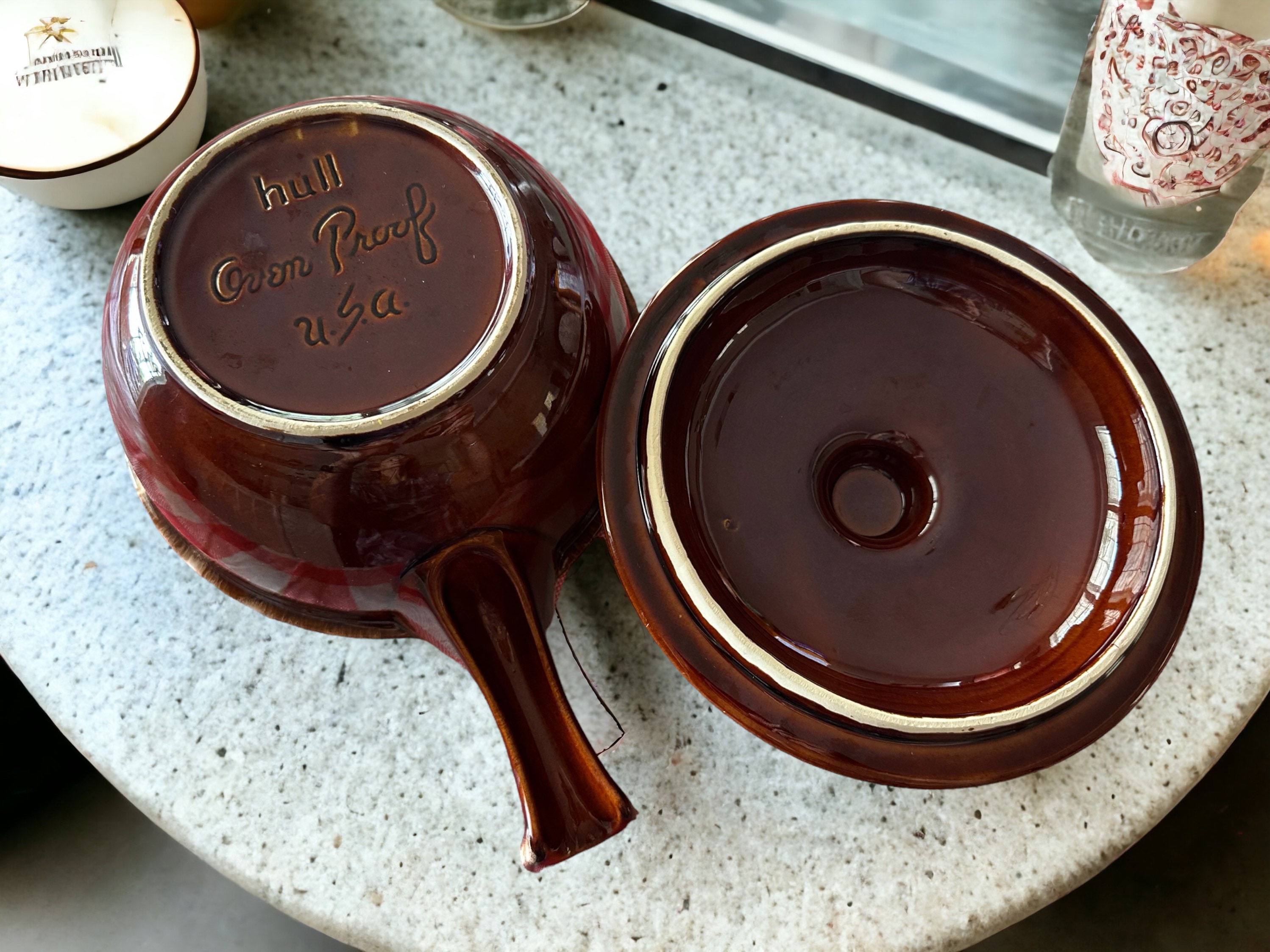 Vintage HULL Pottery Oven Proof USA Brown Drip Glaze Casserole Etsy