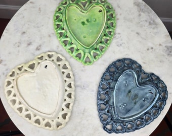 Fun and Beautiful Heart Shaped Ceramic Dish Set, Handmade - Grandma Core