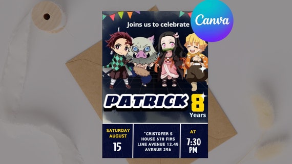 Plantilla de invitación de Demon Slayer, invitación editable, invitaciones a fiestas de cumpleaños digitales, plantilla, Kimetsu no yaiba