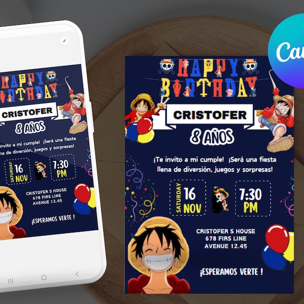 luffy one piece invitation template, editable invitation, digital birthday party invitations, digital invitations