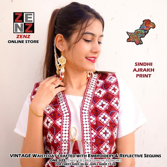 Sindhi Traditional Wear Ajrak Embroidered Waistcoat Koti Gilet for