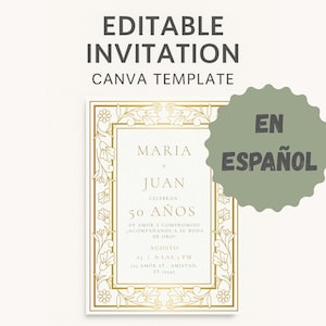 Plantilla Editable Boda de Oro | Invitación 50 Aniversario Canva | Invitación Digital Bodas de Oro | Invitación Elegante Oro