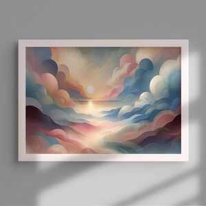 Impresión digital de Susurros del amanecer, Arte de la pared de la mañana, Cartel de la vista del cielo sereno de la belleza, Arte de la pared pacífico, Obra de arte digital grande