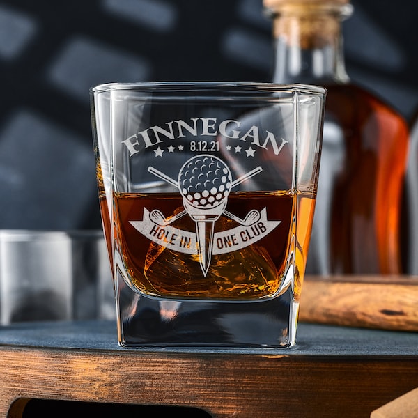 Hole In One Club Personalized Old Fashioned Whiskey Glass, Laser Engraved Gift, Custom Whiskey Glasses for Golf Enthusiasts, Birthdays