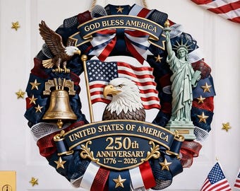 Personalized USA 250th Anniversary Wreath, Custom Family Name Patriotic Door Decor, God Bless America Eagle 1776-2026