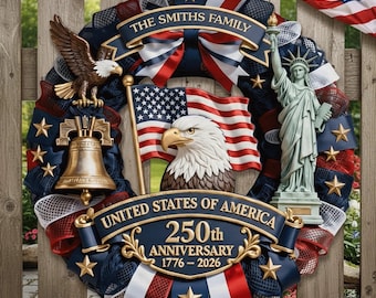 Personalized America 250th Anniversary Wood Wreath 1776-2026 Patriotic Door Sign Semiquincentennial Family Name Decor