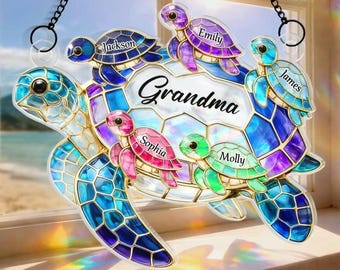 Personalized Turtle Suncatcher for Grandma, Custom Name Window Hanging Stained Glass Ornament, Mothers Day Gift for Mom Grandkids