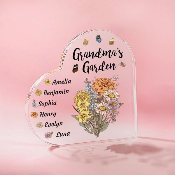 Plaque acrylique personnalisée coeur de jardin de grand-mère, cadeaux fête des mères, plaque acrylique fête des mères, cadeau famille, cadeau prénoms personnalisés