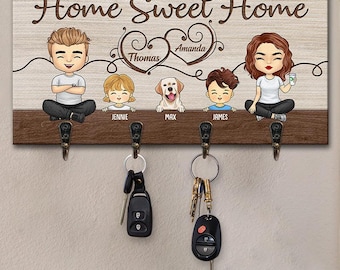 Llavero familiar personalizado "Hogar, dulce hogar", letrero de pared familiar personalizado con dibujos animados y nombres, gancho para llaves para la entrada, regalo de inauguración de la casa.