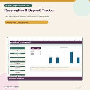 May include: A digital Reservation & Deposit Tracker Excel workbook featuring a dashboard with a reservation status bar chart, summary metrics for bookings, deposits, and balances, and a quick-start guide for tracking stays and upcoming arrivals.
