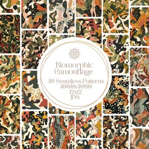 May include: A collection of 40 seamless biomorphic camouflage patterns in a variety of colors and shapes. Each pattern is 4000x4000 pixels and is available in 12x12 JPG format.
