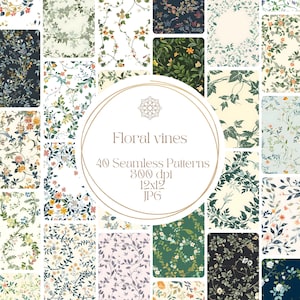 May include: A grid of 40 seamless floral vine patterns in diverse colours and styles. The patterns showcase detailed illustrations of leaves, flowers, and vines. The image includes the text "Floral vines", "40 Seamless Patterns", "300 dpi", "12x12", and "JPG".