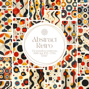 May include: A set of 24 digital seamless patterns in a retro style with geometric shapes and colors like red, yellow, blue, black, and white. The patterns are 12 inches by 12 inches and 300 dpi.
