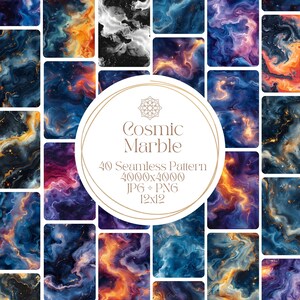 Op de afbeelding: Een set van 40 naadloze digitale patronen met kosmische marmerontwerpen in tinten blauw, paars, oranje en goud. De patronen zijn 4000x4000 pixels groot en beschikbaar in JPG- en PNG-formaten.