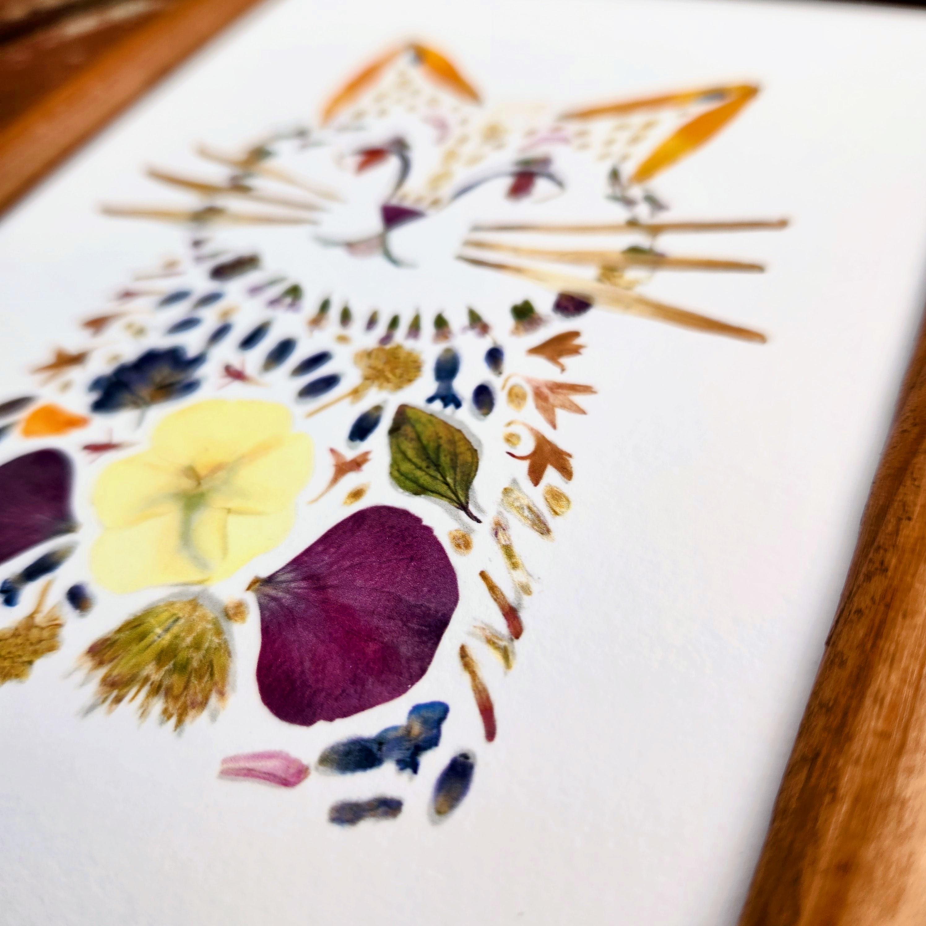 Whimsical Cat Art Print Pressed Flower Design high-quality Reproduction ...