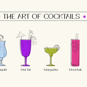 Puede incluir: Ilustración de cinco cócteles diferentes: un Daiquirí azul, un Mai Tai morado, una Margarita verde, un Mocktail rosa y un Cosmopolitan naranja.
