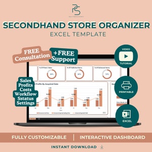 Puede incluir: Una pantalla de computadora portátil que muestra una hoja de cálculo con gráficos y diagramas para un organizador de tienda de segunda mano. La hoja de cálculo incluye datos sobre ventas, ganancias, costos, flujo de trabajo, estado y configuración. La hoja de cálculo es totalmente personalizable y tiene un tablero interactivo. La imagen también incluye texto que dice "Consulta gratuita + Soporte gratuito", "Tutorial de video", "Imprimible" y "Excel".