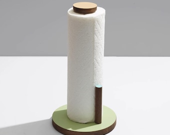 paper towel holder - green, sustainable, wooden paper towel holder, single-handed, solid FSC walnut, powder coated, magnetic stopper + arm