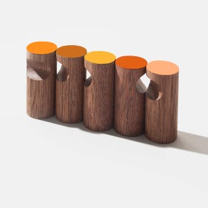 May include: Five wooden bottle stoppers with a carved design and a gradient of orange, yellow, and brown tops. The stoppers are arranged in a row against a white background, showcasing their unique design and color variations.