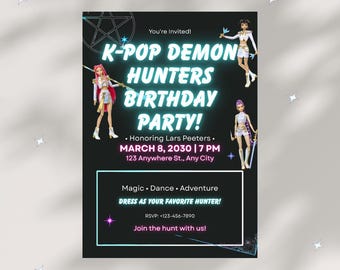 Invito di compleanno a tema K-Pop Cacciatore di Demoni / Invito per festa a tema Dark Idol / Invito stampabile a tema K-Pop Gotico
