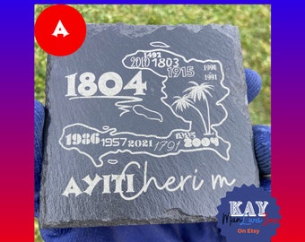 Haitian-Pride Slate Drink Coaster With Outlined Map Of Haiti Saying Lakay Se Lakay to promote Our Haitian Culture and Heritage