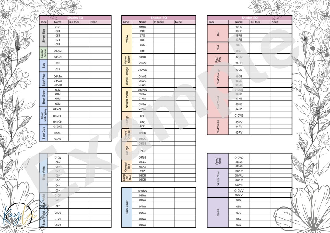 Shades E Q Inventory Sheet (printable) Etsy