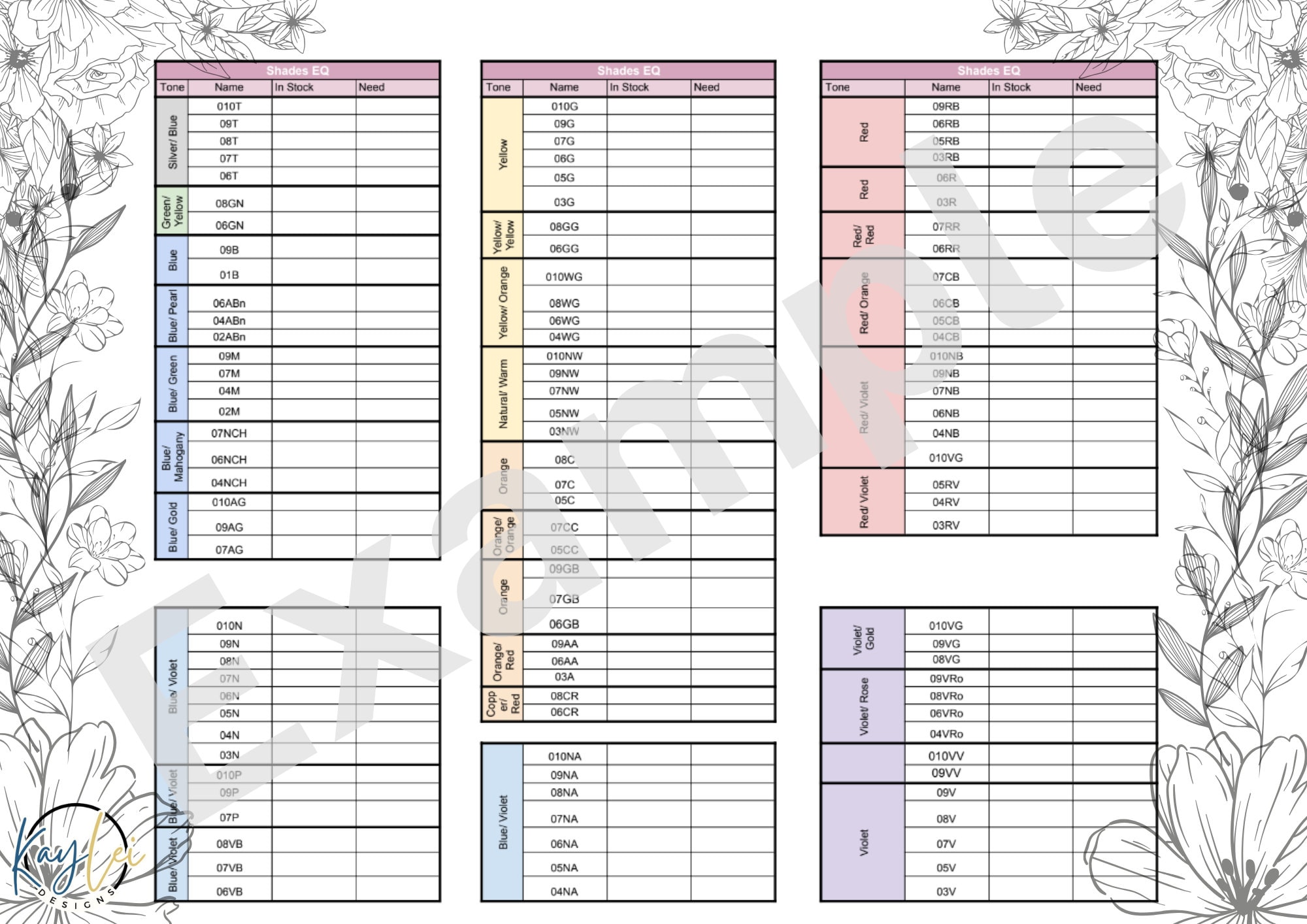 Shades E Q Inventory Sheet (printable) - Etsy