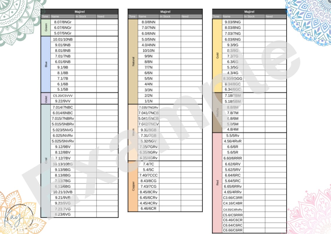 Majirel Color Inventory (printable) - Etsy