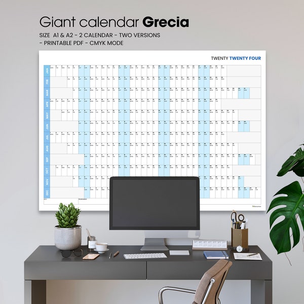 PRINTABLE horizontal calendar 2024 | 2024 Wall Planner | A1 & A2 format | Annual planner 2024 | Instant download.