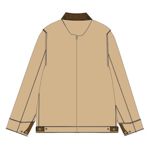 May include: A tan jacket with a brown collar and trim. The jacket has a zipper closure and button details on the cuffs and hem. The stitching is visible, and the overall design is clean and modern.