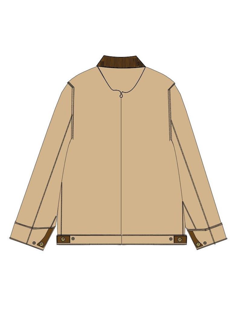 May include: A tan jacket with a brown collar and trim. The jacket has a zipper closure and button details on the cuffs and hem. The stitching is visible, and the overall design is clean and modern.