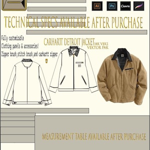 Pode incluir: Ficha técnica para um casaco Carhartt Detroit, com ilustrações vetoriais e texto. Inclui o texto "MATERIAL AND STICH TECH SHEET FOR CARHARTT DETROIT JACKET" e "TECHNICAL SPECS AVAILABLE AFTER PURCHASE". O casaco é mostrado em desenho e a cores.
