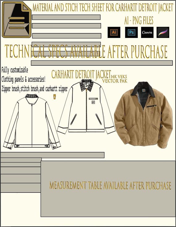 Carhartt Detroit Jacket tech pack hype workwear mock up template adobe illustrator, Photoshop, Canva,  and Procreate compatible Vector files