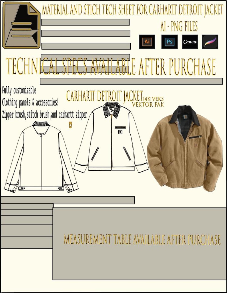 May include: Technical sheet for a Carhartt Detroit jacket, featuring vector illustrations and text. Includes the text "MATERIAL AND STICH TECH SHEET FOR CARHARTT DETROIT JACKET" and "TECHNICAL SPECS AVAILABLE AFTER PURCHASE". The jacket is shown in line art and a color version.