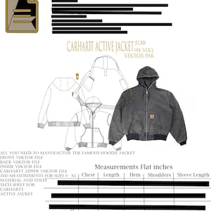 May include: A technical drawing and size chart for a Carhartt Active Jacket. The drawing shows the jacket in black and white and in a dark grey colour. The size chart includes measurements for chest, length, hem, shoulders, and sleeve length in inches.