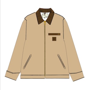 May include: A tan work jacket with a brown corduroy collar, a gold zipper, and a small brown pocket. The jacket has two front pockets and a small logo patch. A tag with a logo hangs from the collar.