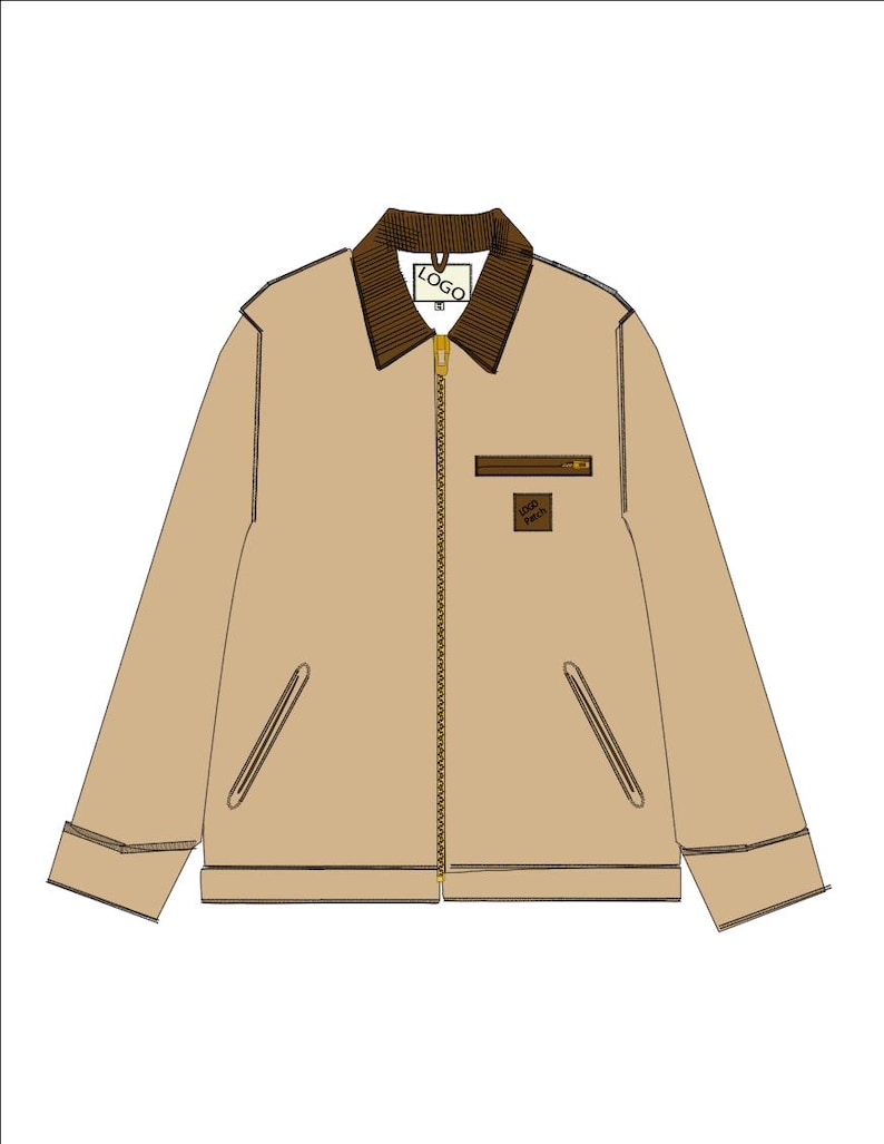 May include: A tan work jacket with a brown corduroy collar, a gold zipper, and a small brown pocket. The jacket has two front pockets and a small logo patch. A tag with a logo hangs from the collar.