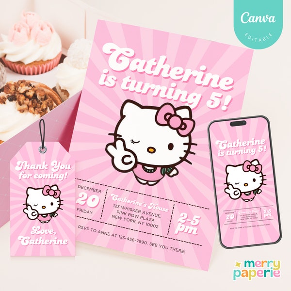 Kitty Birthday Party Invitation, Kitty Kawaii Invitation, Kitty Party Invite, Kitty Birthday Theme, Digital Invite, Editable Canva Template